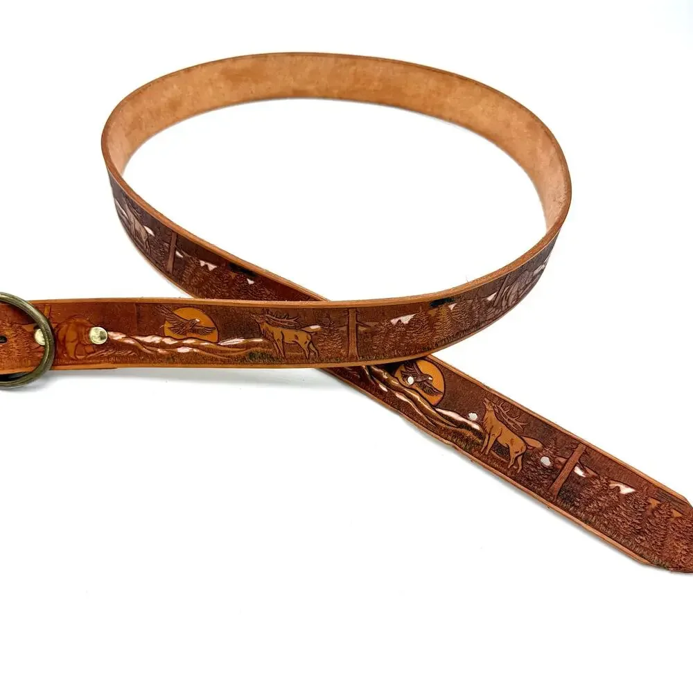 Tooled Leather Western Belt 42 Elk Bear Eagle Wildlife Nature Scene Oval Buckle